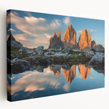 Landscape of the Dolomites in muted earth tones on a large stretched canvas, suitable for kitchen wall art.