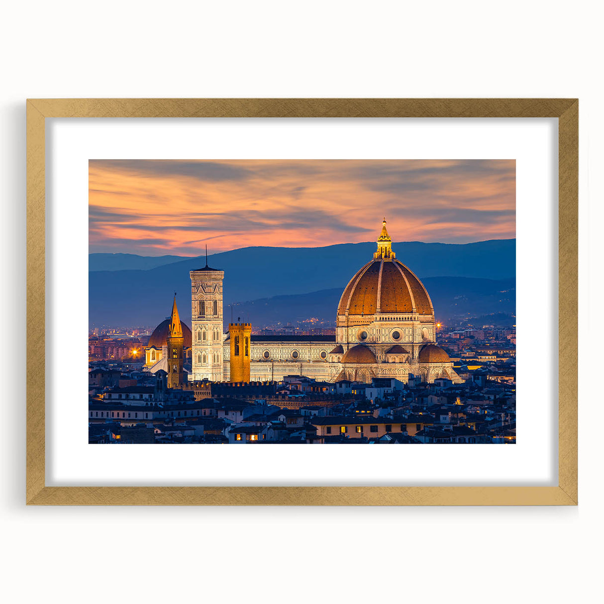 Abstract art print of Florence skyline in muted orange and blue shades on a framed canvas, suitable for dining room decor.