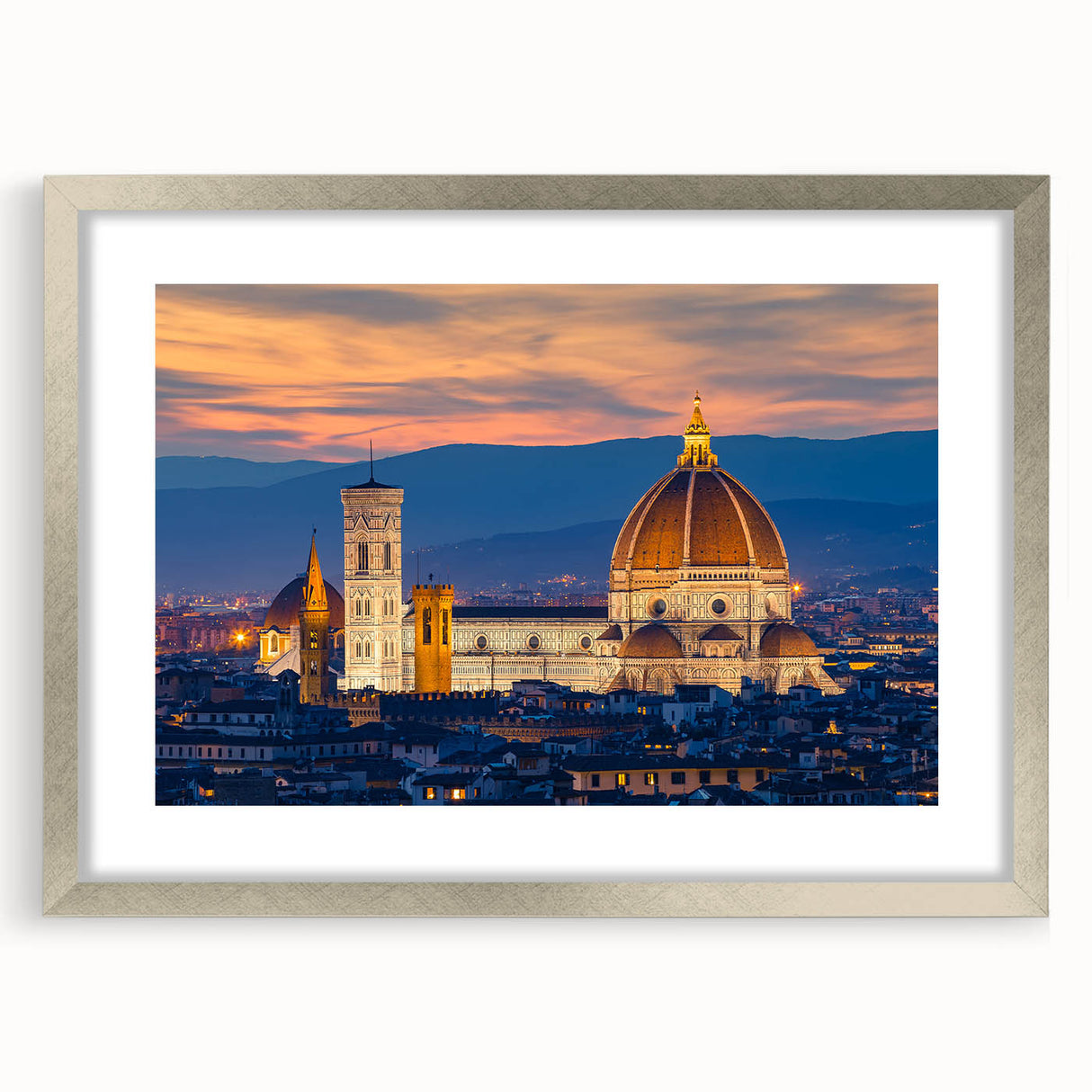 Extra large wall art depicting an abstract Florence scenery in textured gray and silver tones on a framed canvas.