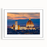 Textured abstract art print of Florence scenery in muted earth tones, framed with a white mat, suitable for bedroom decor.