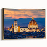 Framed canvas wall art depicting a vintage-style Florence landscape with muted gold and black tones, ideal for bedroom decor.