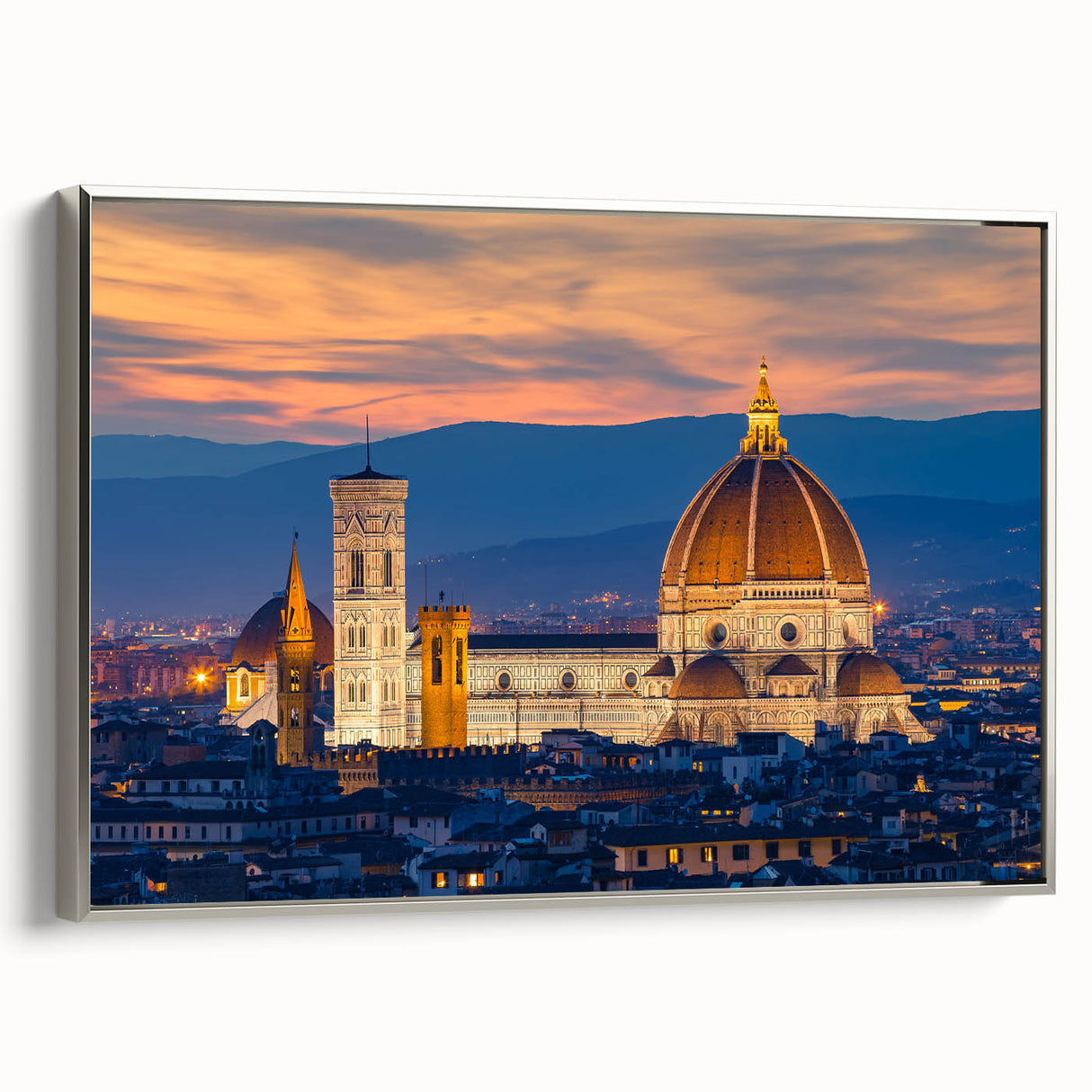 Framed canvas landscape art painting of Florence with muted earth tones, ideal for living room decor.