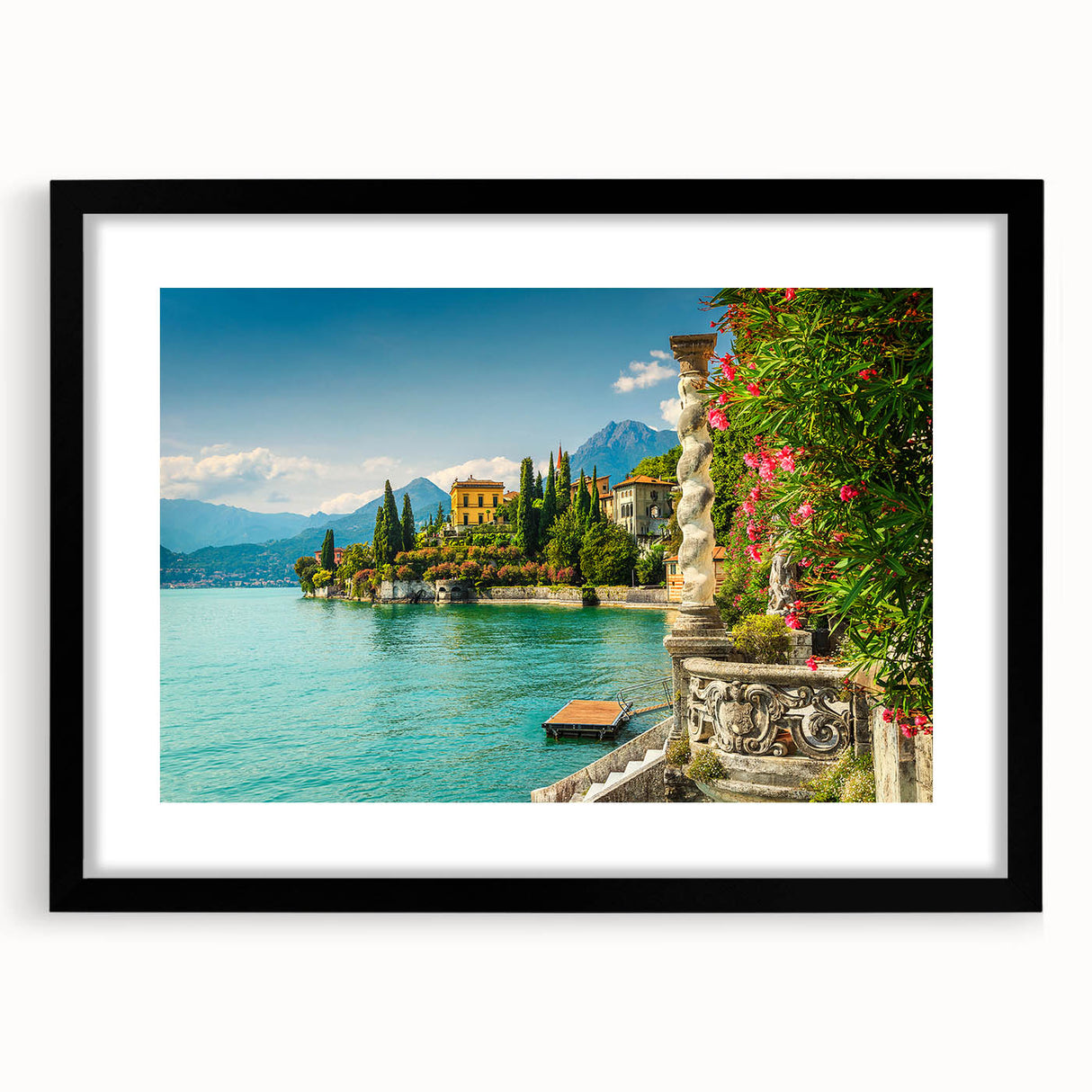 Extra large, colorful art print of Lake Como with textured abstract design in a black frame, ideal for living room decor.