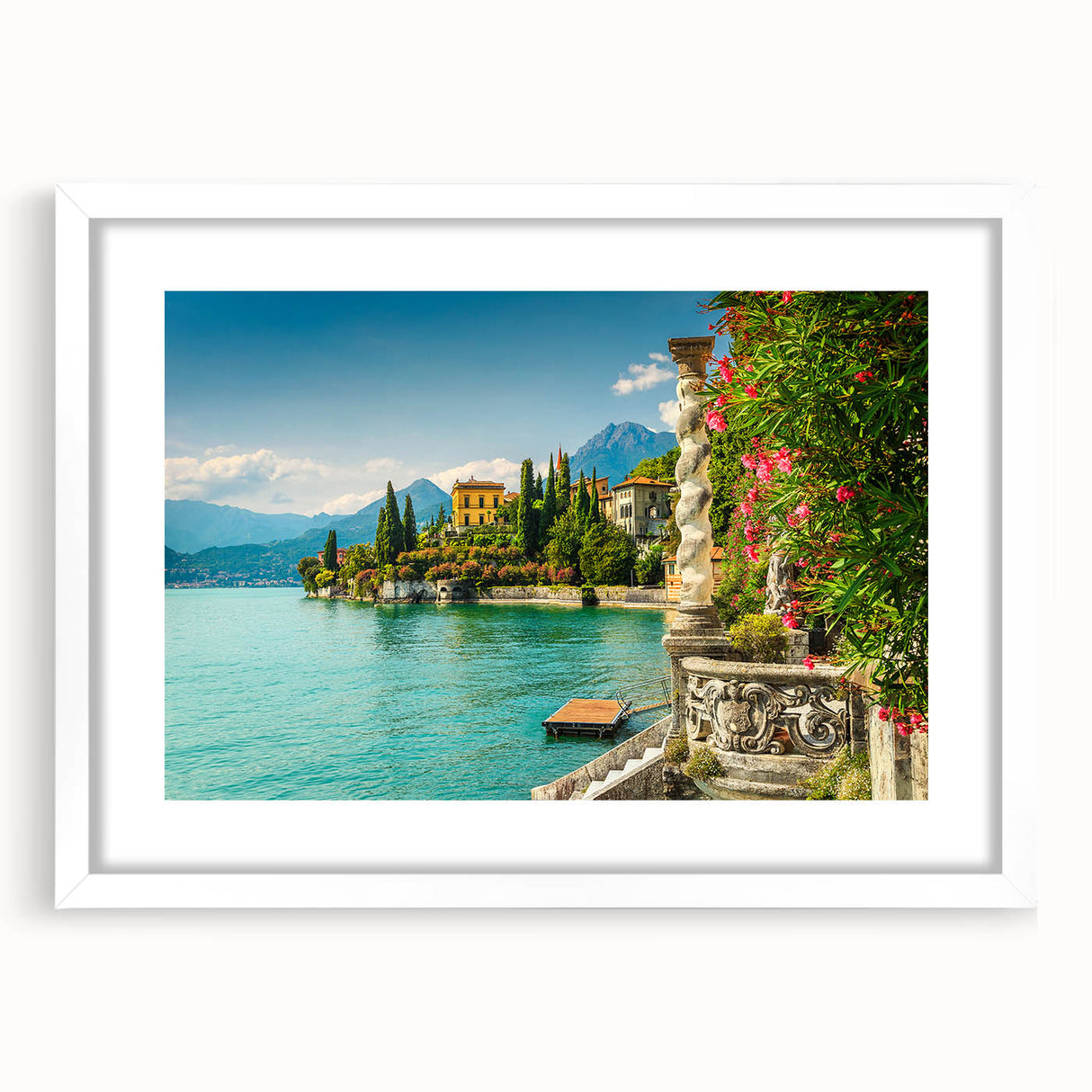 Textured art depicting Lake Como with abstract elements in blue and green tones on a framed white mat, ideal for bedroom art.