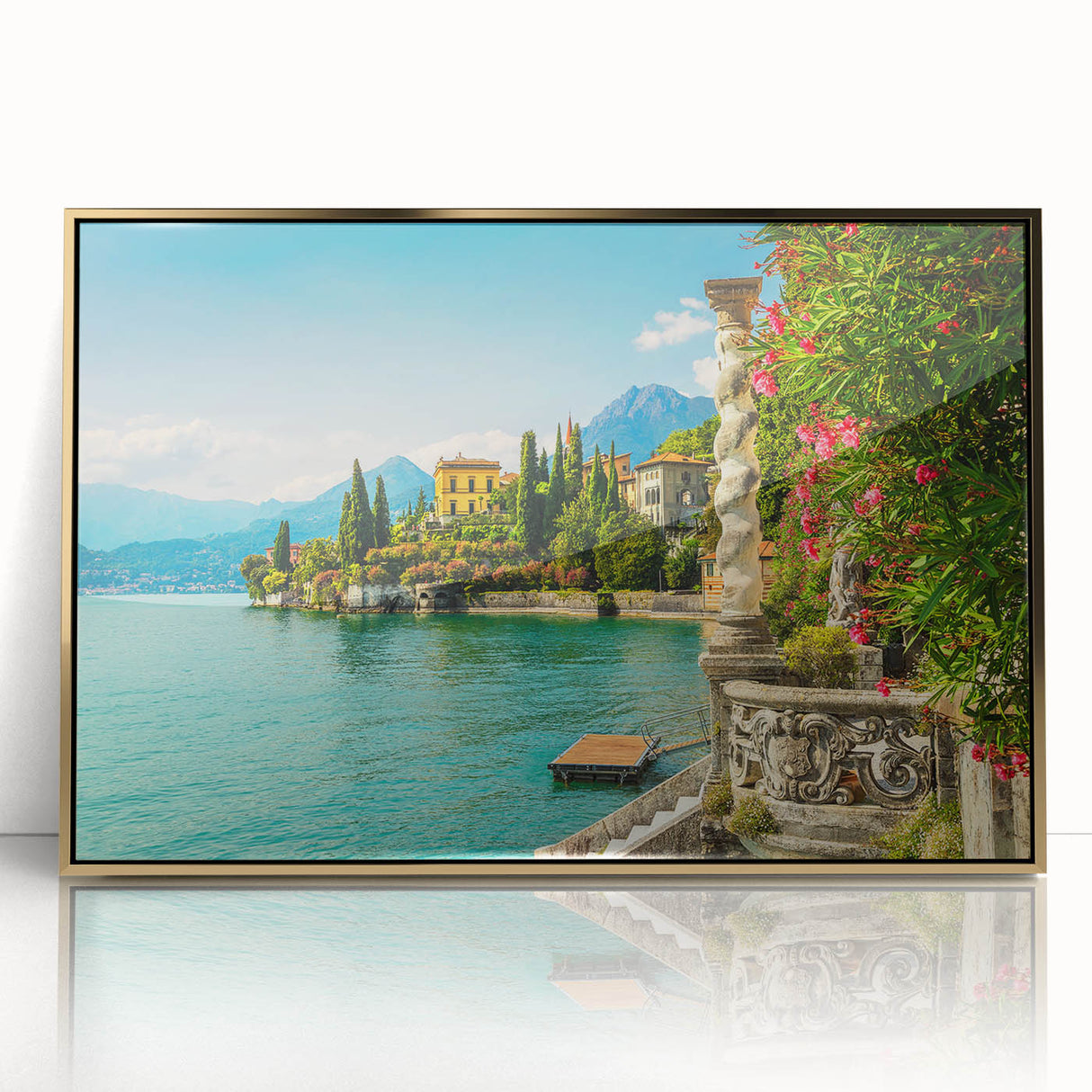 Acrylic print of Lake Como with soft pastel shades in art deco style, ideal for modern art wall decor.