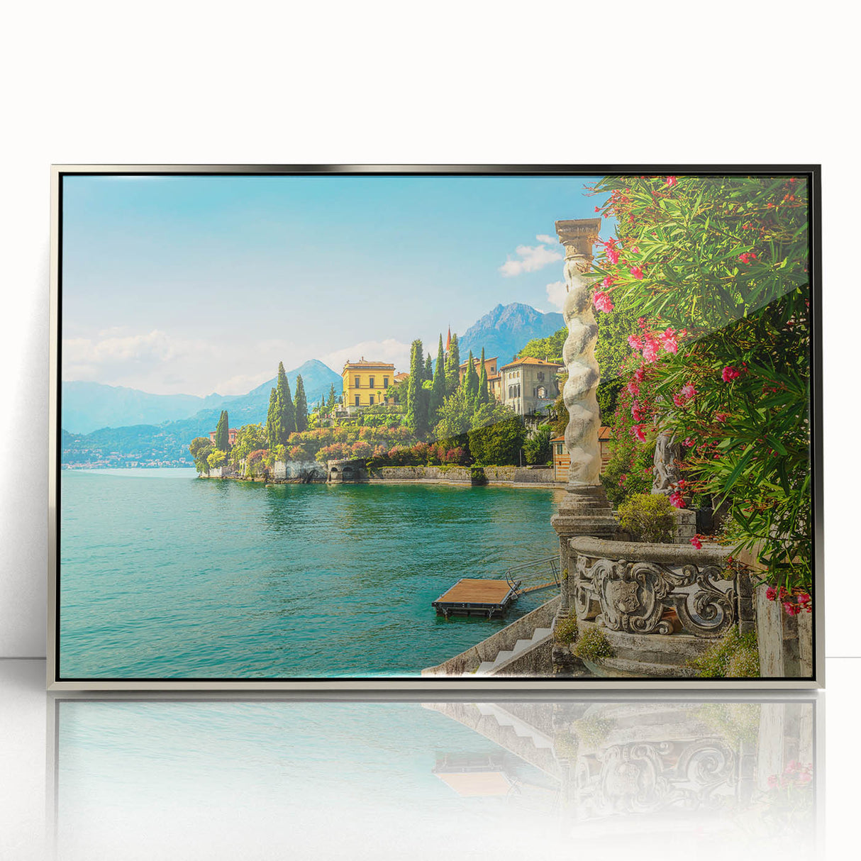 Large art print of Lake Como with muted blue and green tones on a framed acrylic, perfect for modern art wall decor.