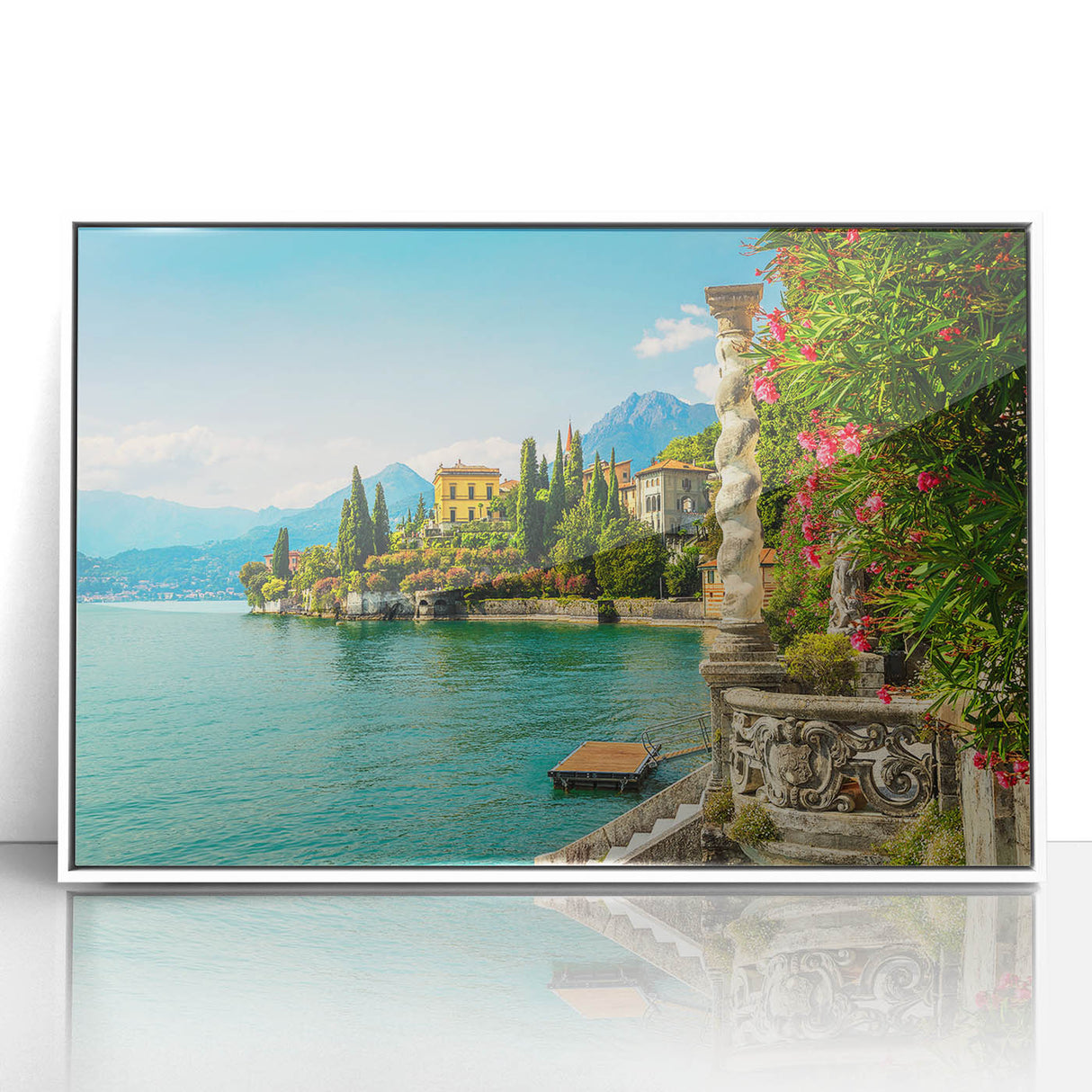 Mid-century modernist art of Lake Como with soft blue and green tones on a framed acrylic, ideal for nursery wall decor.