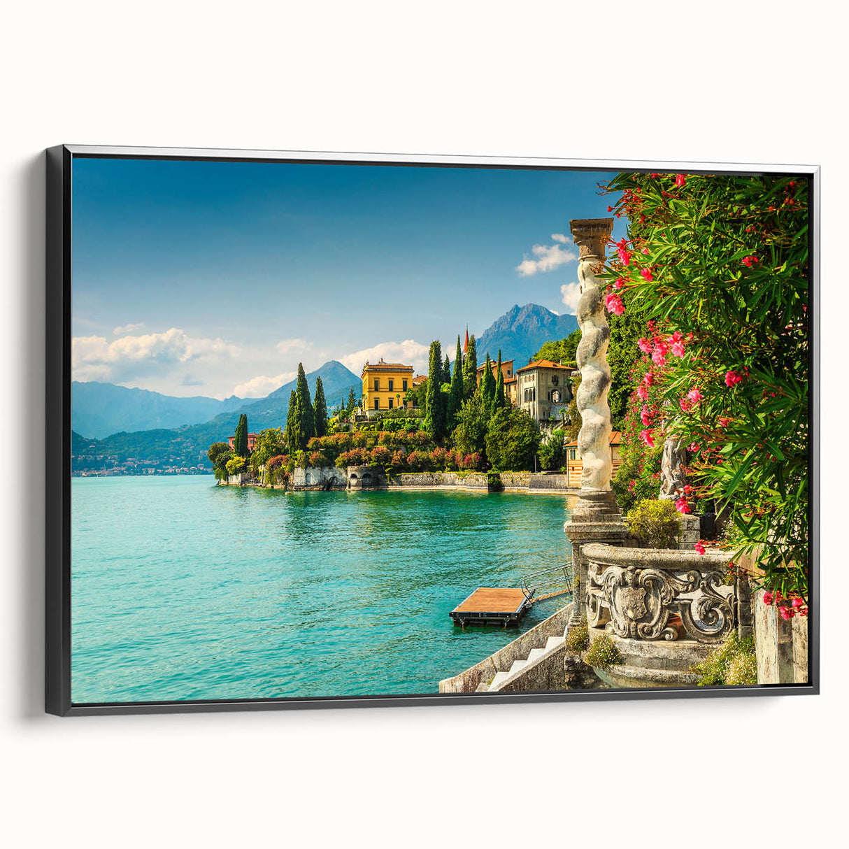 Black and white framed canvas of Lake Como landscape, vintage poster style, ideal for bedroom decor.