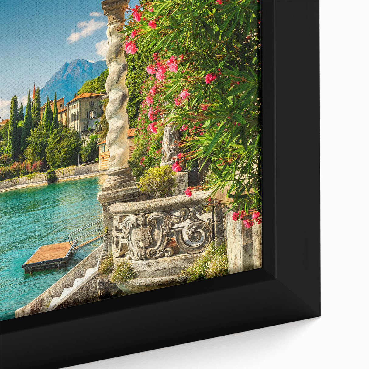 Extra large framed canvas of Lake Como with textured black and colorful art, ideal for living room decor.