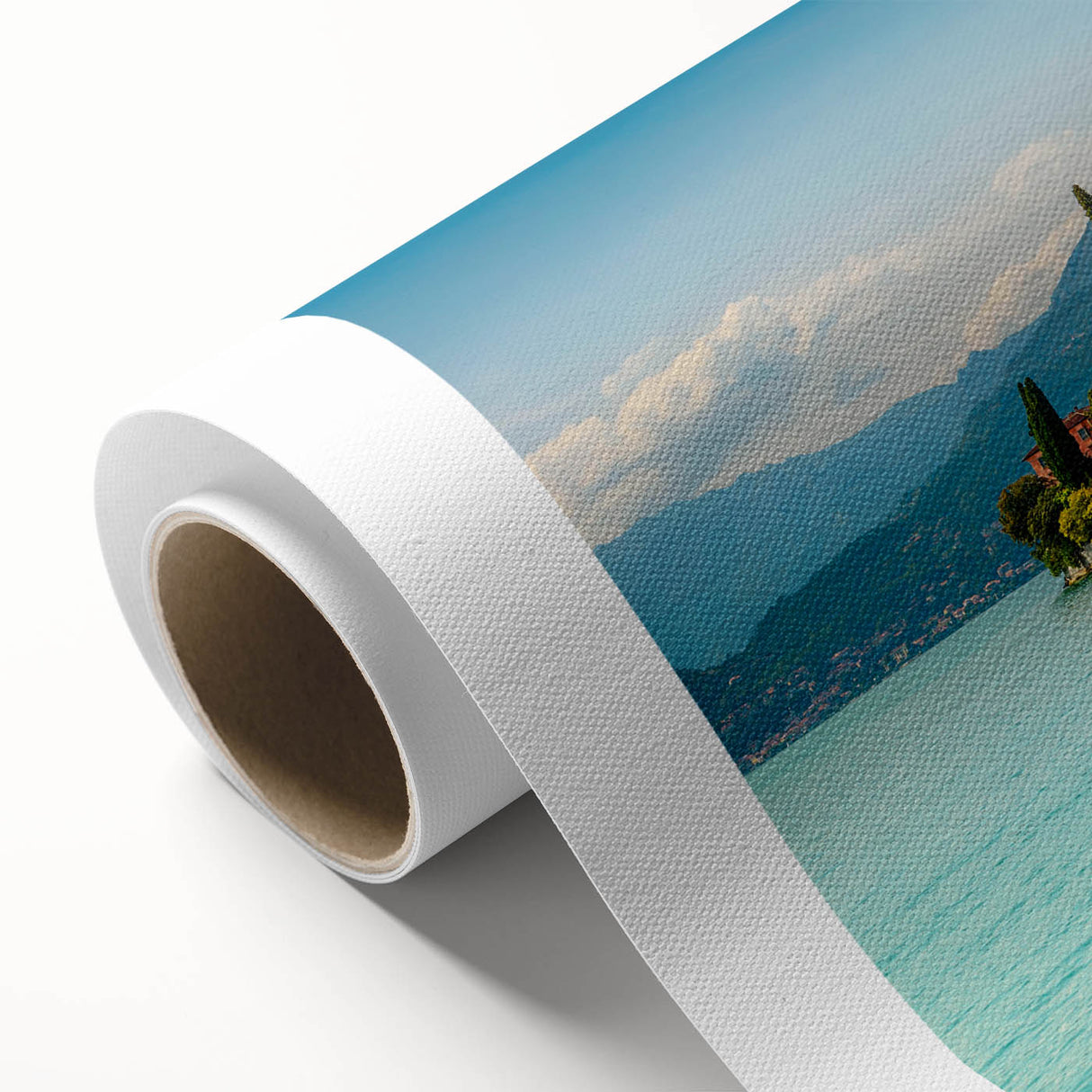 Art Deco poster of Lake Como with muted blue and green tones on rolled canvas, ideal for nursery wall art.