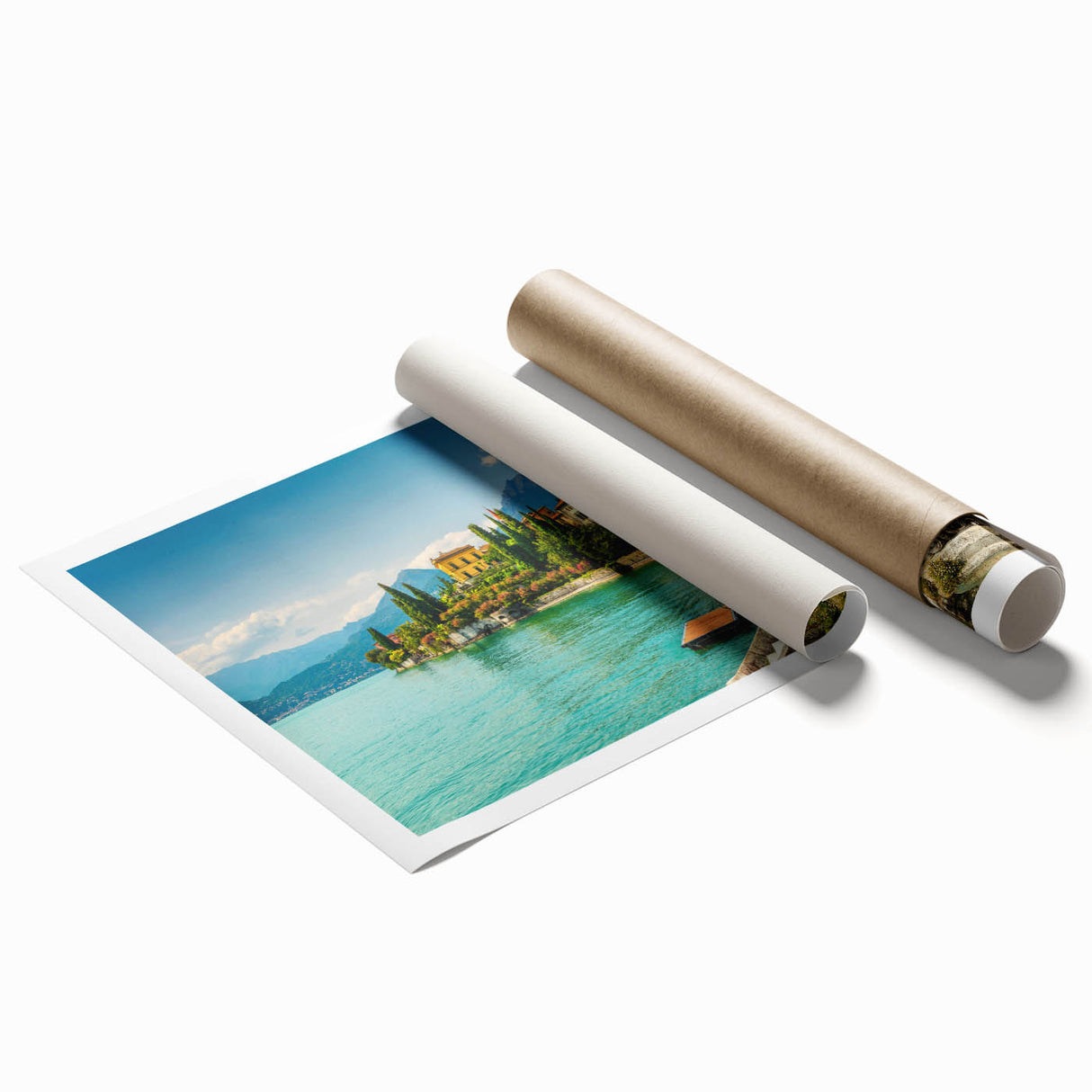 Extra large rolled print of Lake Como with floral foreground in muted earth tones, ideal for classy bathroom wall art.