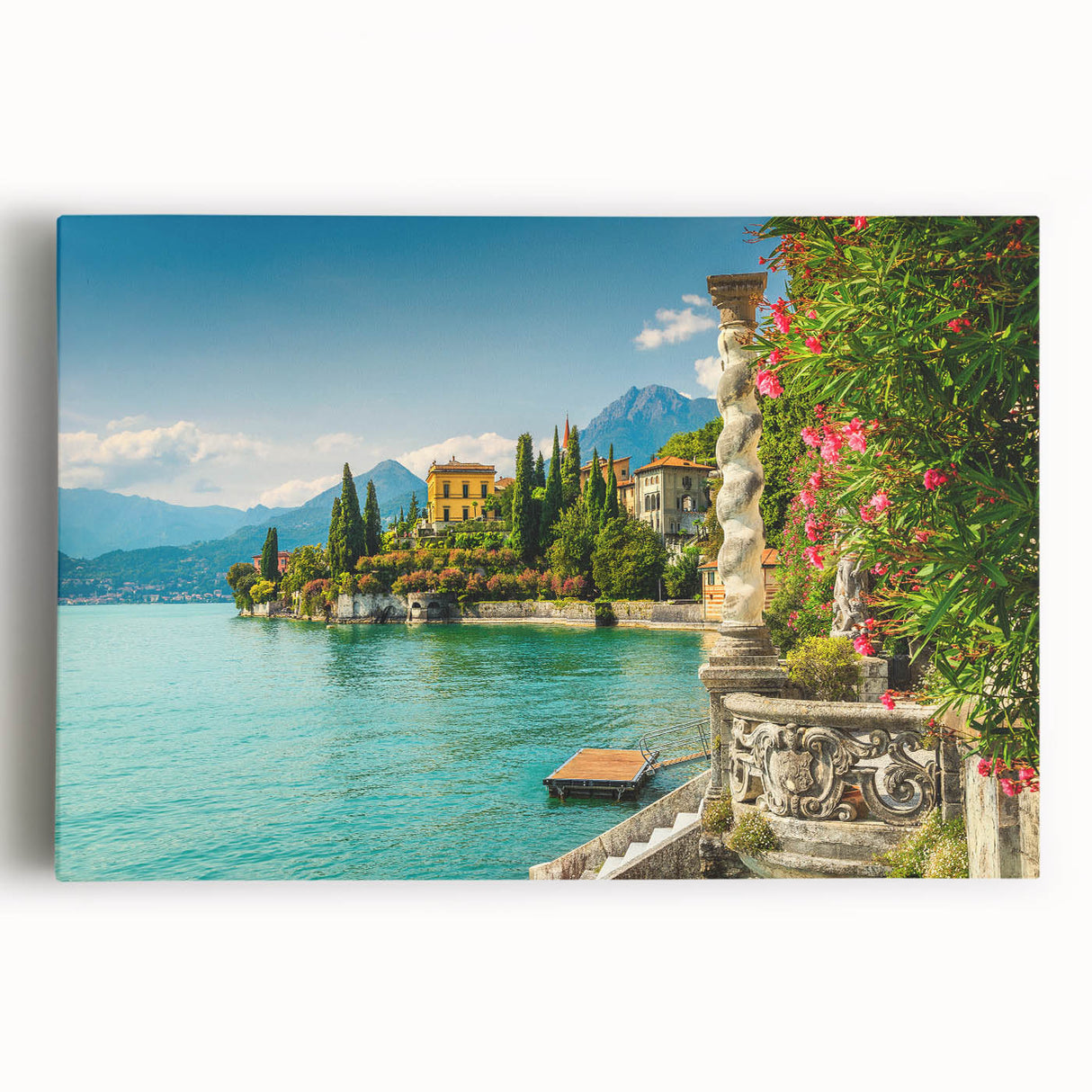 Black and white photograph of Lake Como, Italy on stretched canvas, ideal for kitchen wall art or bedroom decor.