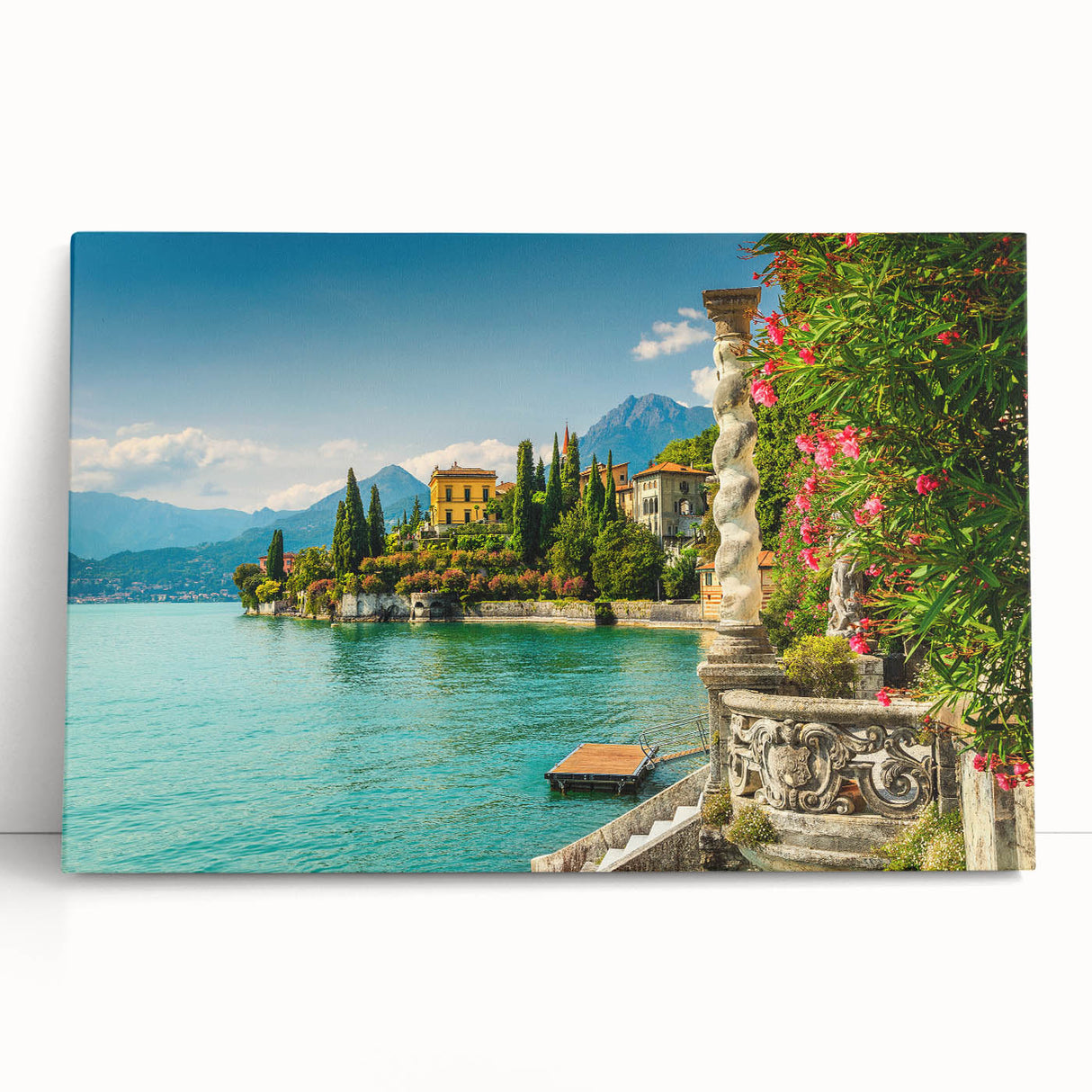 Black and white large art print of Lake Como on stretched canvas, suitable for kitchen wall art.