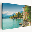 Panoramic view of Lake Como with pastel blue and green hues on a large stretched canvas, suitable for kitchen wall art.