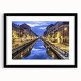 Extra large abstract art print of a colorful Milan scenery on textured canvas, framed in black, ideal for living room decor.