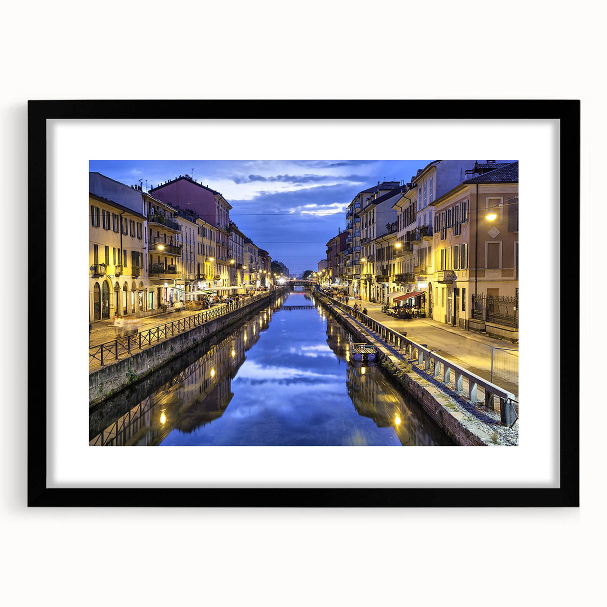 Extra large abstract art print of a colorful Milan scenery on textured canvas, framed in black, ideal for living room decor.