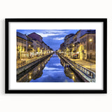 Extra large abstract art print of a colorful Milan scenery on textured canvas, framed in black, ideal for living room decor.