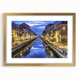 Abstract art print of Milan scenery in muted gold and green tones, framed with a mat, ideal for dining room decor.