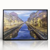 Large abstract wall art depicting a stylized Milan cityscape in monochrome, framed in black acrylic.