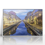 Mid-century modernist art of Milan skyline in muted earth tones on a framed acrylic, ideal for nursery wall decor.