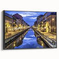 Black and white vintage poster art of Milan landscape on framed canvas, ideal for bedroom wall decor.