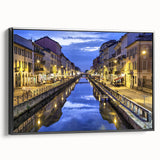 Black and white vintage poster art of Milan landscape on framed canvas, ideal for bedroom wall decor.