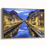 Framed canvas featuring a vintage-style landscape painting of Milan in muted gold and black tones, ideal for bedroom decor.