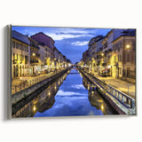 Framed canvas landscape art painting depicting a vintage-style Milan scene in colorful tones, ideal for living room decor.