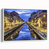 Vintage poster art of Milan scenery in colorful hues on a large framed canvas, ideal for living room decor.