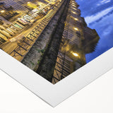 Art deco poster of Milan scenery on rolled canvas, featuring muted earth tones and vintage style.