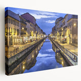 Panoramic view of Milan on a stretched canvas, featuring muted earth tones and architectural details.