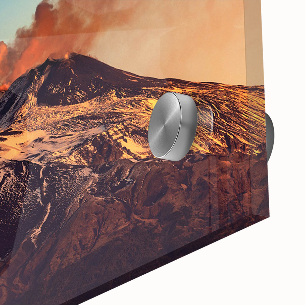 Large abstract wall art depicting Mount Etna in muted earth tones on acrylic glass, ideal for dining room art.