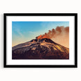 Abstract art print of Mount Etna in vibrant, colorful hues on a large textured canvas, ideal for living room decor.