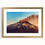 Abstract art print of Mount Etna in muted earth tones, framed in gold, ideal for dining room decor.