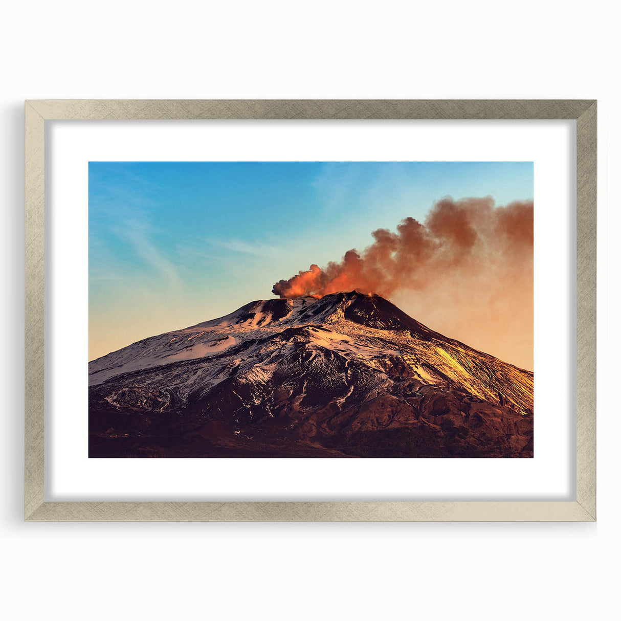 Extra large wall art of abstract Mount Etna in textured hues of orange and gray, framed in silver.