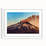 Textured abstract art print of Mount Etna in muted earth tones on a framed white mat, ideal for bedroom art.