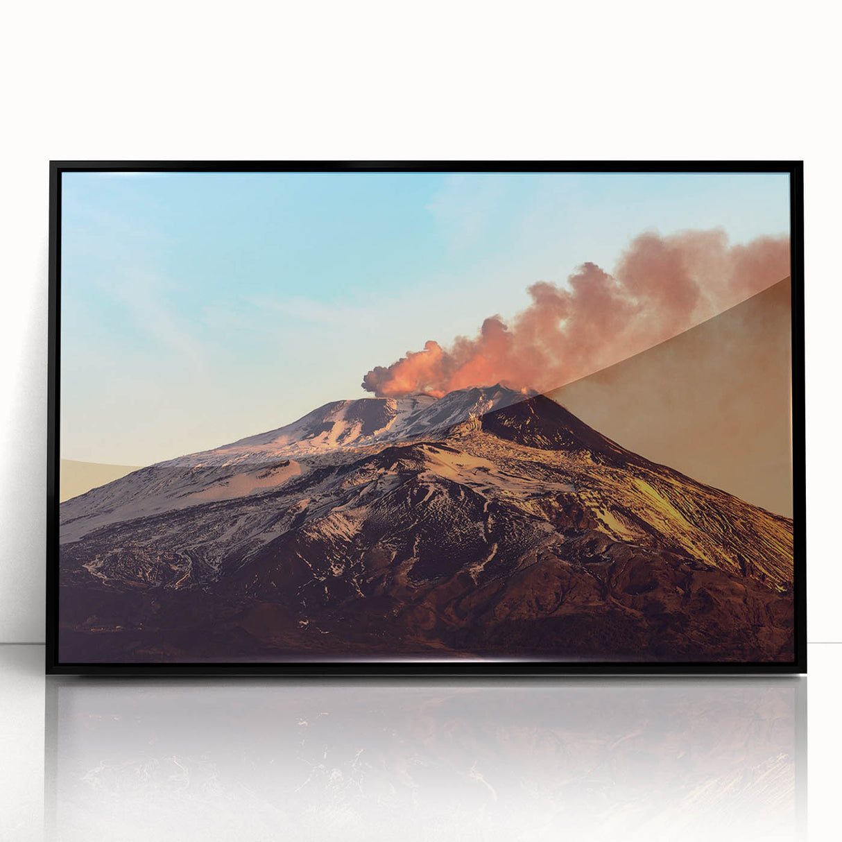 Large abstract wall art depicting Mount Etna in muted earth tones on a framed acrylic, suitable for modern art wall decor.