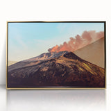 Art deco poster of Mount Etna in vibrant gold and blue tones, framed acrylic, ideal for modern art wall decor.