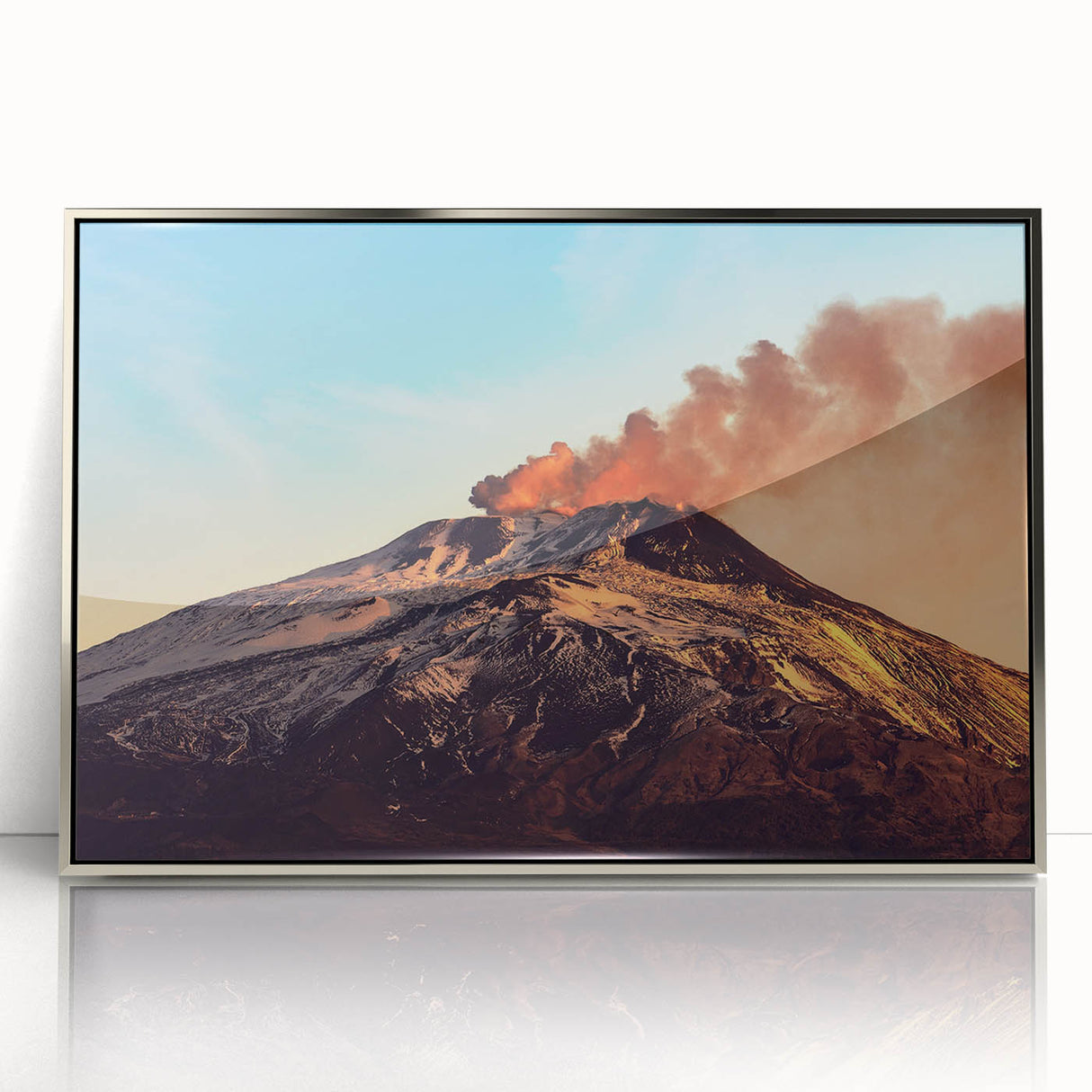 Large art print of Mount Etna in muted earth tones, framed in silver acrylic, suitable for modern art wall decor.