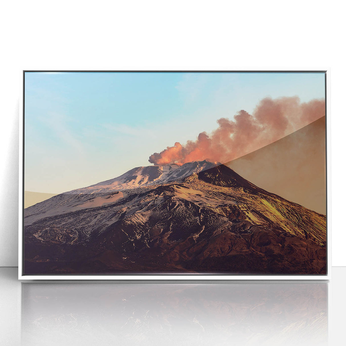 Mid-century modernist art depicting Mount Etna in vibrant colors on a framed acrylic, suitable for modern art wall decor.