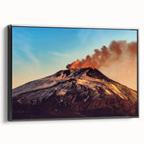 Black and white framed canvas of Mount Etna landscape, ideal for bedroom decor.