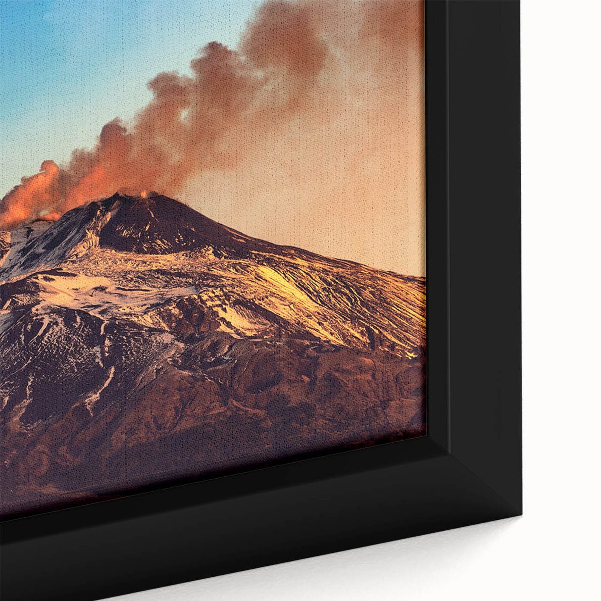 Black wall art featuring Mount Etna in vibrant colors on a textured, framed canvas, ideal for living room decor.