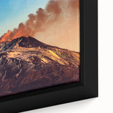 Black wall art featuring Mount Etna in vibrant colors on a textured, framed canvas, ideal for living room decor.