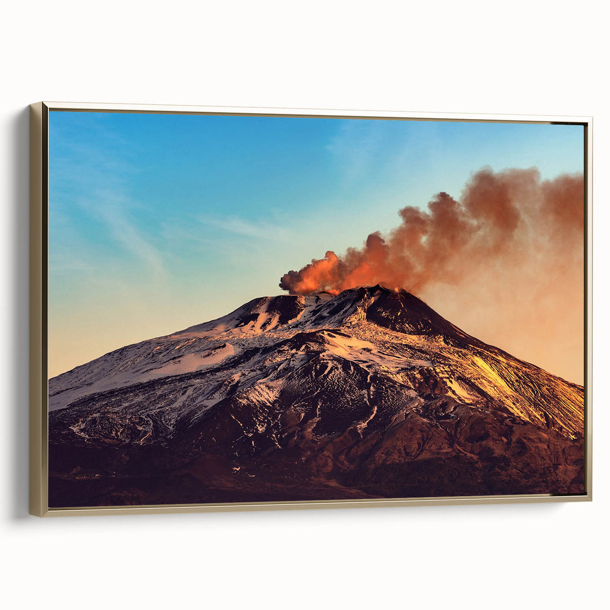 Framed canvas of Mount Etna landscape in muted gold and black tones, ideal for bedroom wall art.