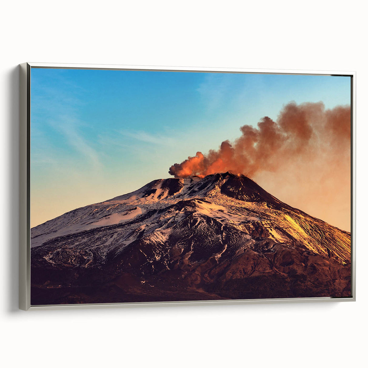 Landscape art painting of Mount Etna in vibrant colors on a framed canvas, ideal for adding a vintage touch to any room.