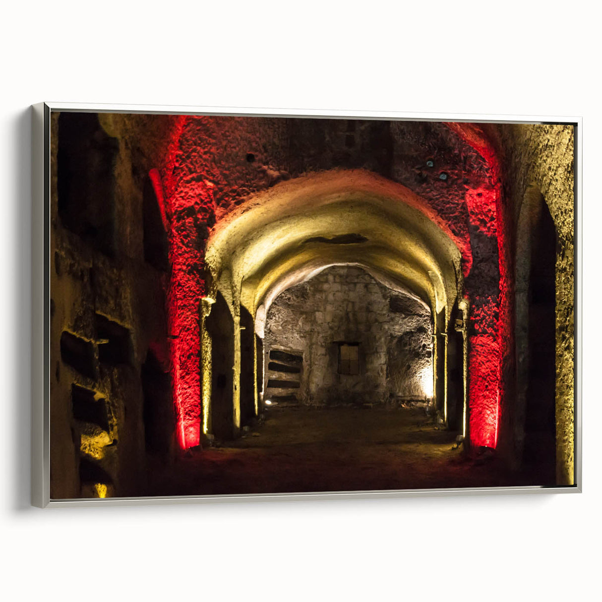 Framed canvas of a vintage-style Naples landscape painting, featuring colorful art on a black background.