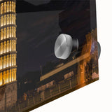 Mid-century modernist style depiction of the Leaning Tower of Pisa in muted earth tones on acrylic glass.