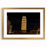 Abstract art print of the Leaning Tower of Pisa in muted gold and white tones, framed with a gold mat.