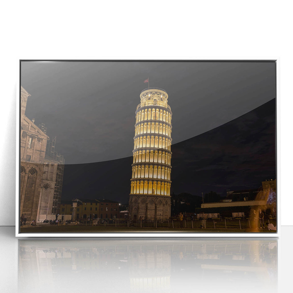 Mid-century modernist style depiction of the Pisa tower in muted earth tones on a framed acrylic print.