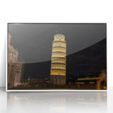 Mid-century modernist style depiction of the Pisa tower in muted earth tones on a framed acrylic print.
